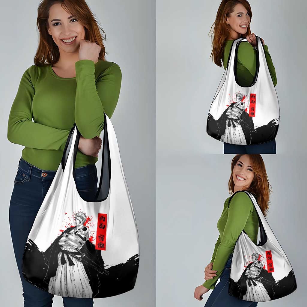 Sukuna Jujutsu Kaisen Samurai Aesthetic Grocery Bag with Katana, Red Kanji and Oni Mask Design - The Mazicc