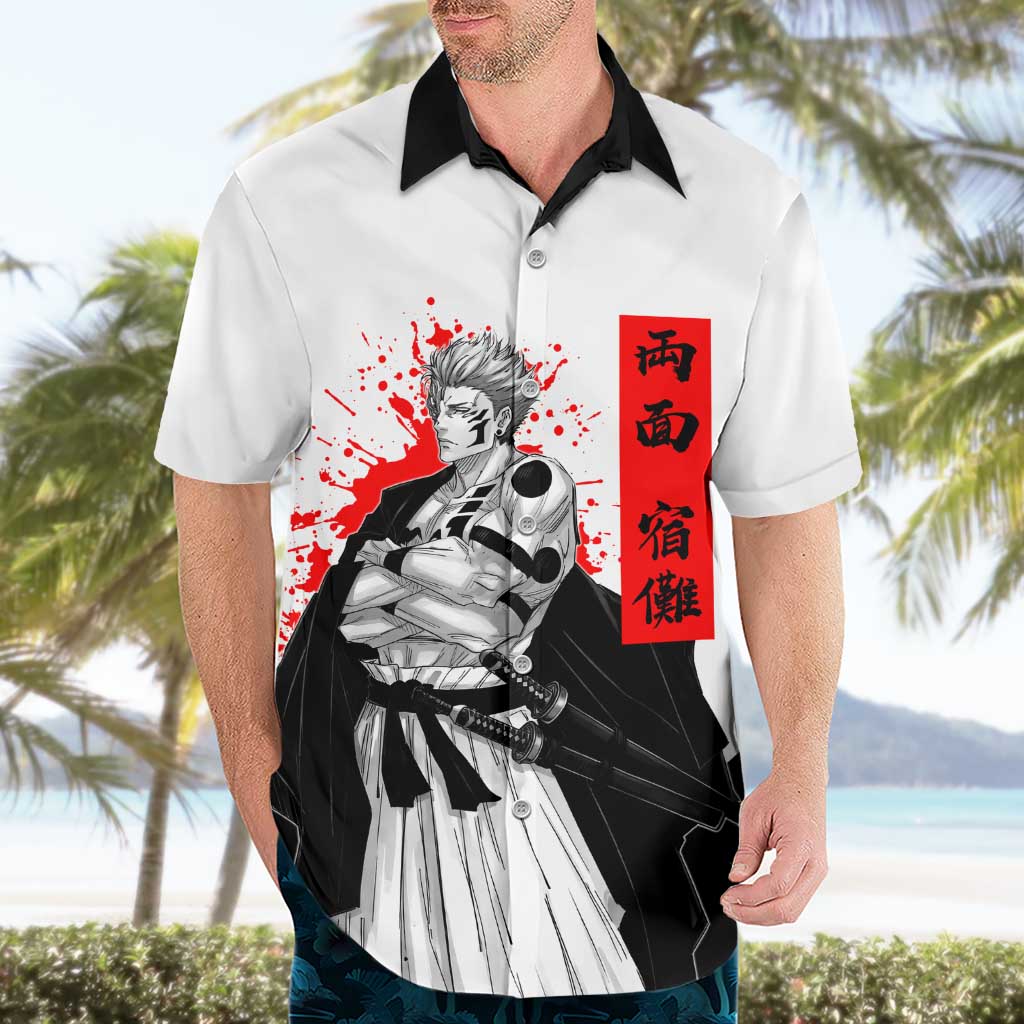 Sukuna Jujutsu Kaisen Samurai Aesthetic Hawaiian Shirt with Katana, Red Kanji and Oni Mask Design - The Mazicc