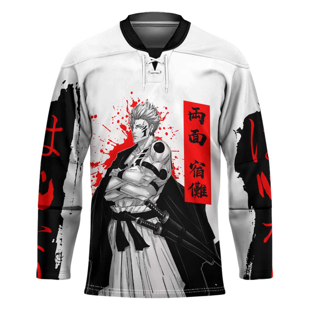 Sukuna Jujutsu Kaisen Samurai Aesthetic Hockey Jersey with Katana, Red Kanji and Oni Mask Design - The Mazicc