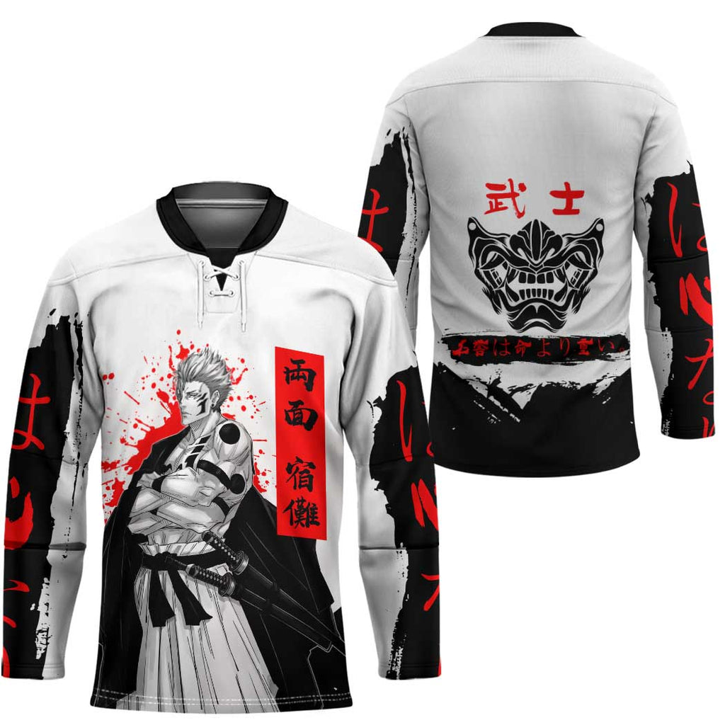 Sukuna Jujutsu Kaisen Samurai Aesthetic Hockey Jersey with Katana, Red Kanji and Oni Mask Design - The Mazicc
