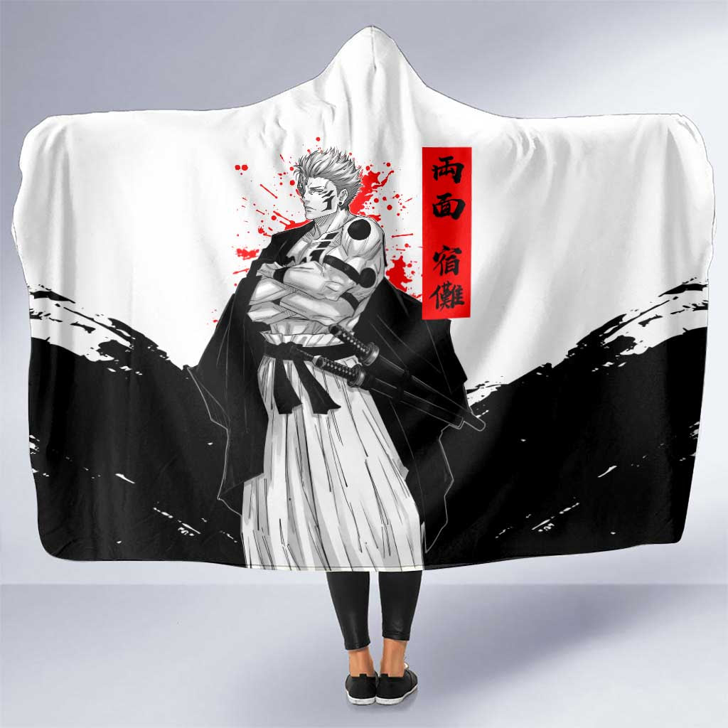 Sukuna Jujutsu Kaisen Samurai Aesthetic Hooded Blanket with Katana, Red Kanji and Oni Mask Design - The Mazicc