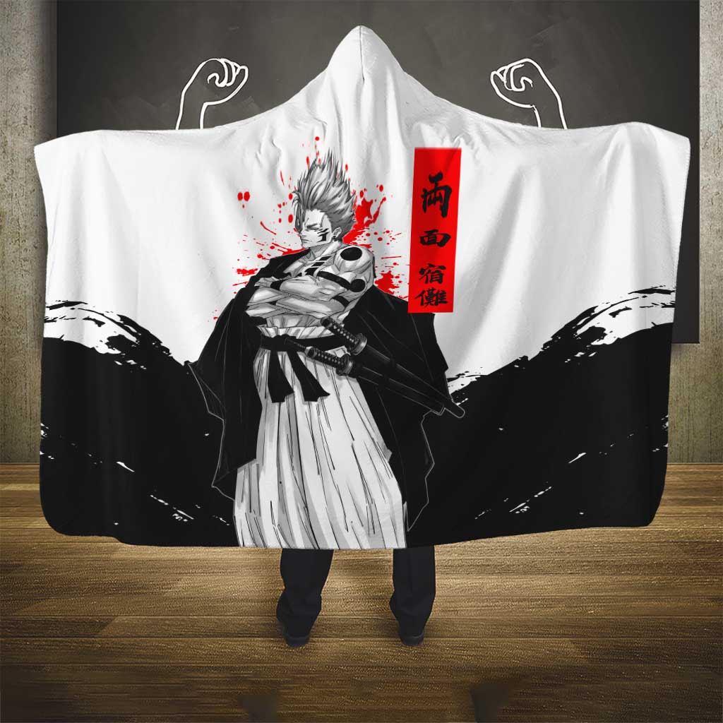 Sukuna Jujutsu Kaisen Samurai Aesthetic Hooded Blanket with Katana, Red Kanji and Oni Mask Design - The Mazicc