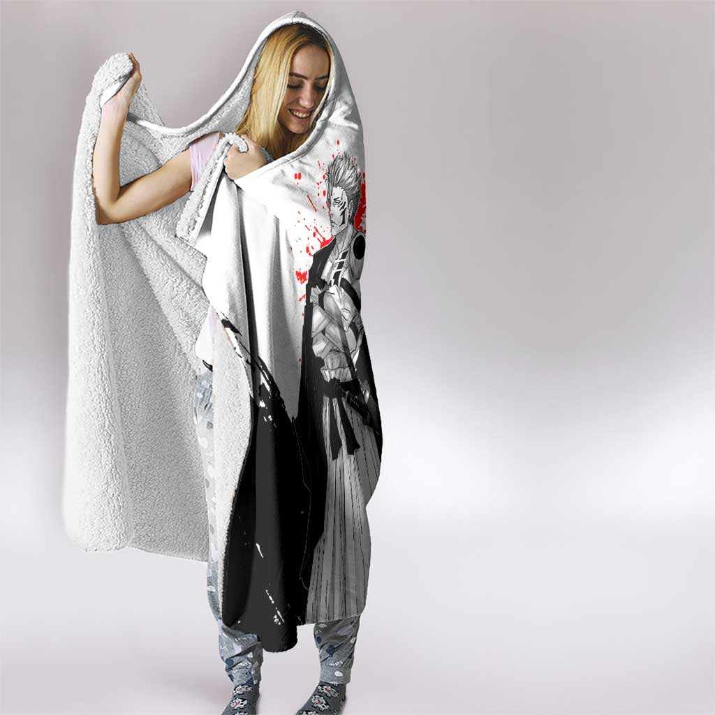 Sukuna Jujutsu Kaisen Samurai Aesthetic Hooded Blanket with Katana, Red Kanji and Oni Mask Design - The Mazicc