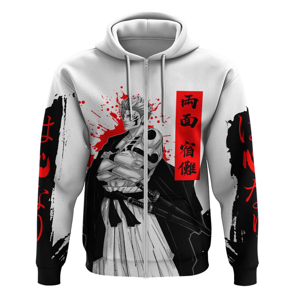 Sukuna Jujutsu Kaisen Samurai Aesthetic Hoodie with Katana, Red Kanji and Oni Mask Design - The Mazicc