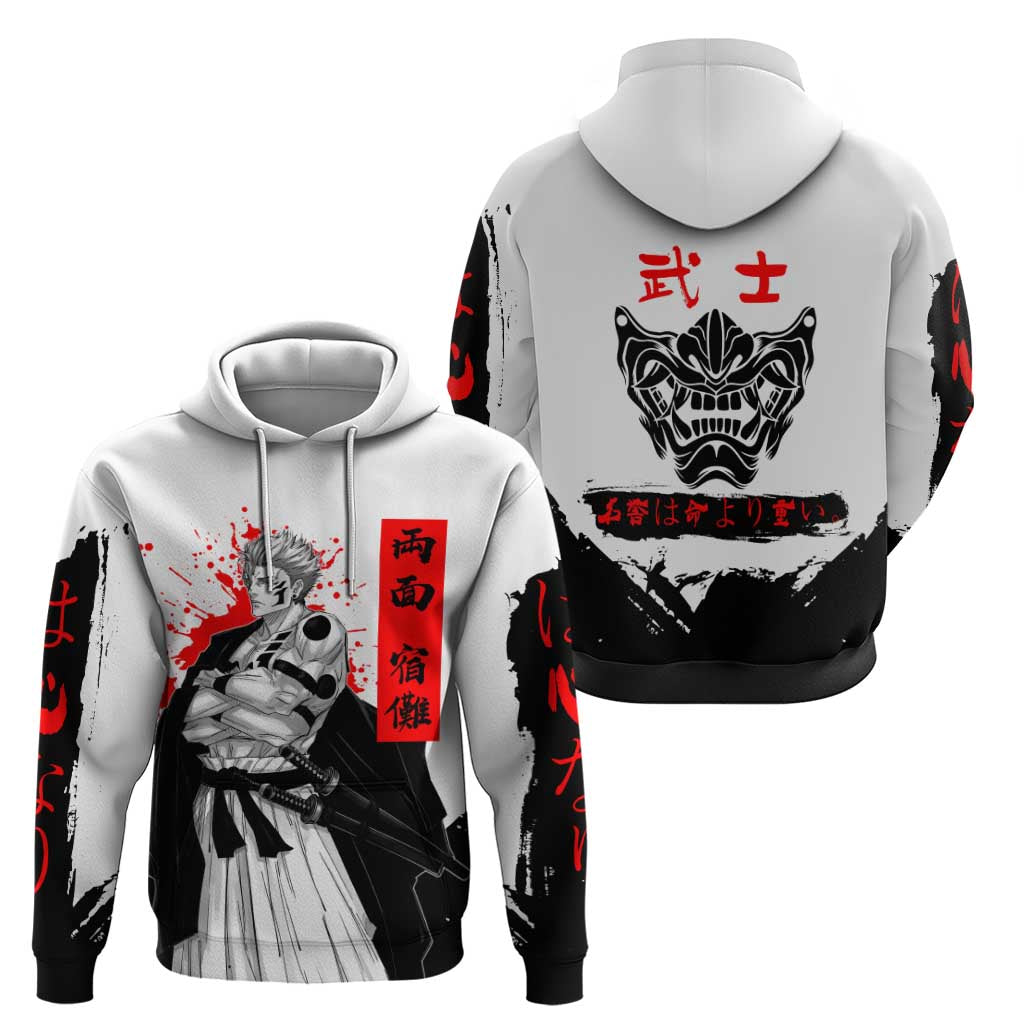 Sukuna Jujutsu Kaisen Samurai Aesthetic Hoodie with Katana, Red Kanji and Oni Mask Design - The Mazicc