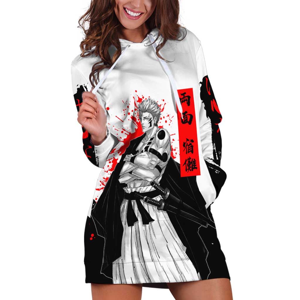 Sukuna Jujutsu Kaisen Samurai Aesthetic Hoodie Dress with Katana, Red Kanji and Oni Mask Design - The Mazicc