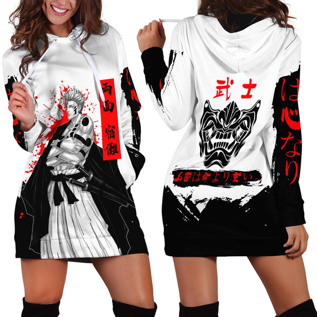 Sukuna Jujutsu Kaisen Samurai Aesthetic Hoodie Dress with Katana, Red Kanji and Oni Mask Design - The Mazicc