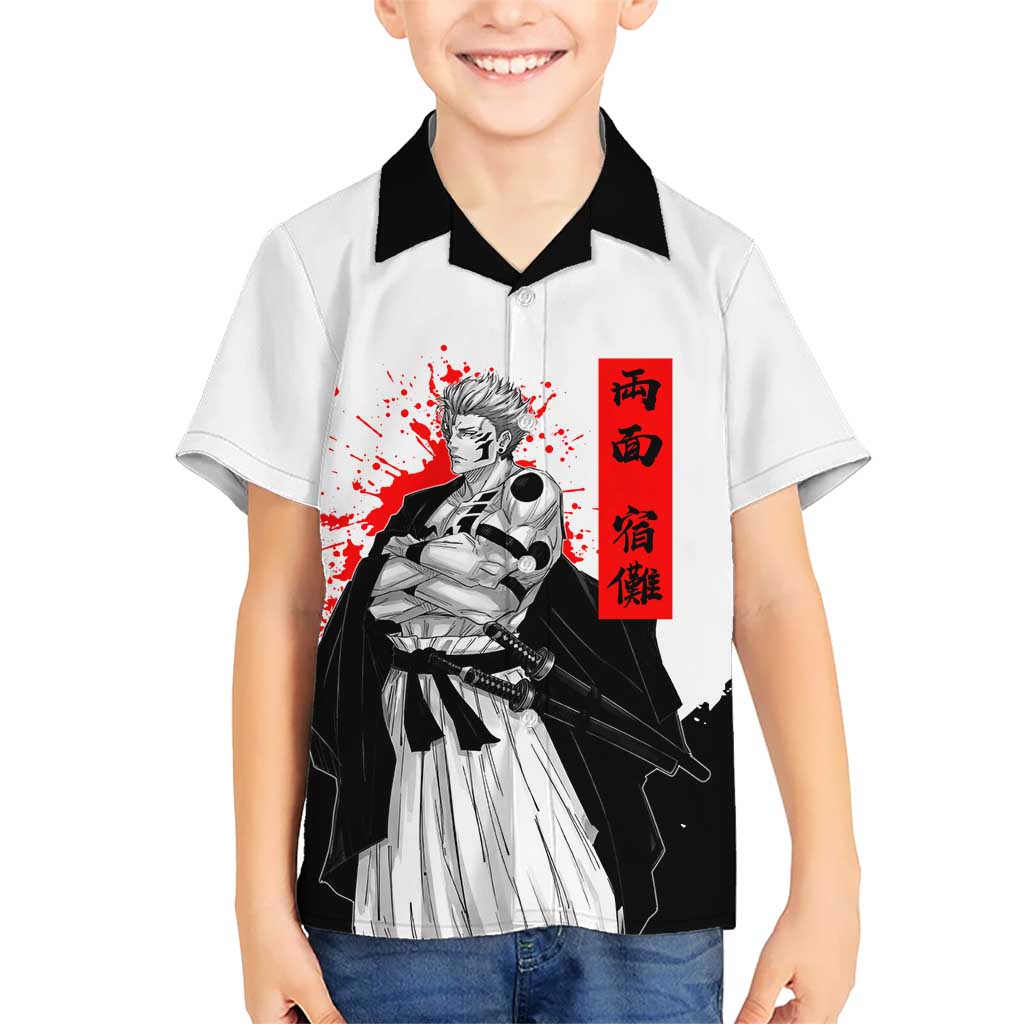 Sukuna Jujutsu Kaisen Samurai Aesthetic Kid Hawaiian Shirt with Katana, Red Kanji and Oni Mask Design - The Mazicc