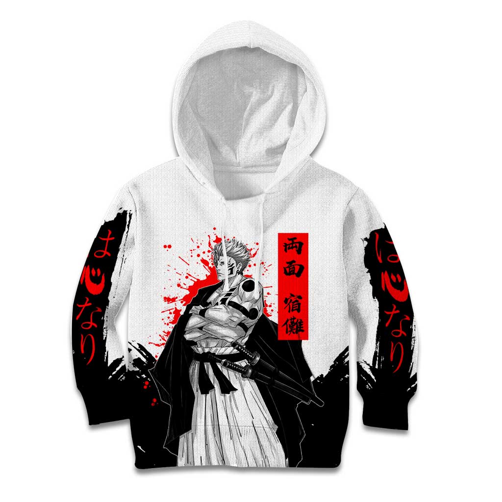Sukuna Jujutsu Kaisen Samurai Aesthetic Kid Hoodie with Katana, Red Kanji and Oni Mask Design - The Mazicc