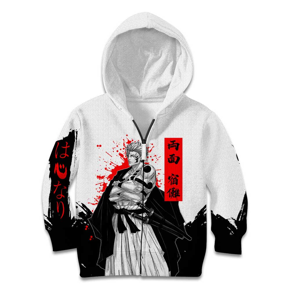 Sukuna Jujutsu Kaisen Samurai Aesthetic Kid Hoodie with Katana, Red Kanji and Oni Mask Design - The Mazicc
