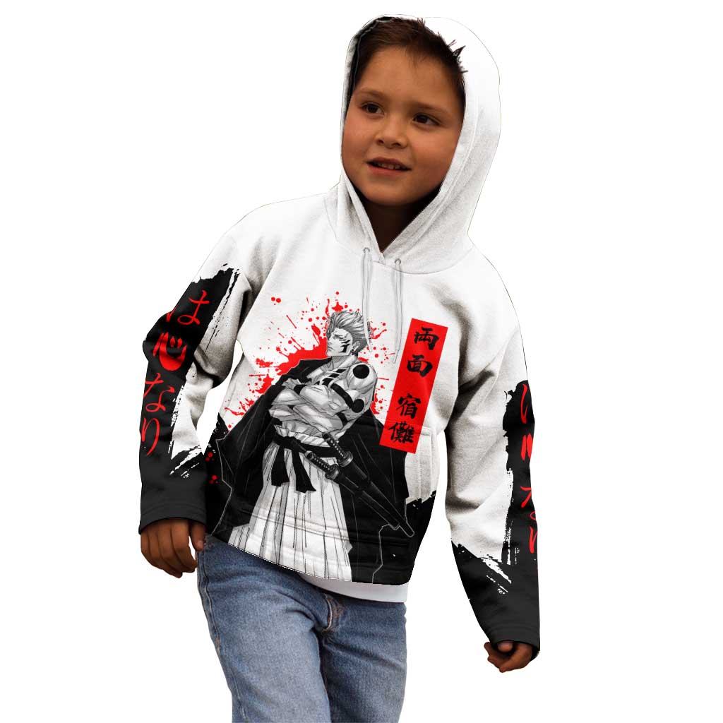 Sukuna Jujutsu Kaisen Samurai Aesthetic Kid Hoodie with Katana, Red Kanji and Oni Mask Design - The Mazicc