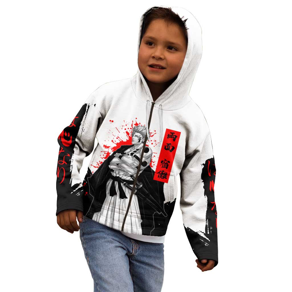 Sukuna Jujutsu Kaisen Samurai Aesthetic Kid Hoodie with Katana, Red Kanji and Oni Mask Design - The Mazicc