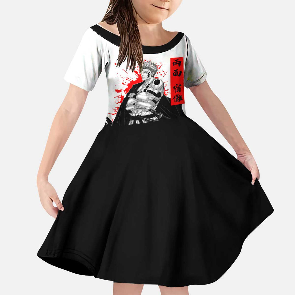 Sukuna Jujutsu Kaisen Samurai Aesthetic Kid Short Sleeve Dress with Katana, Red Kanji and Oni Mask Design - The Mazicc