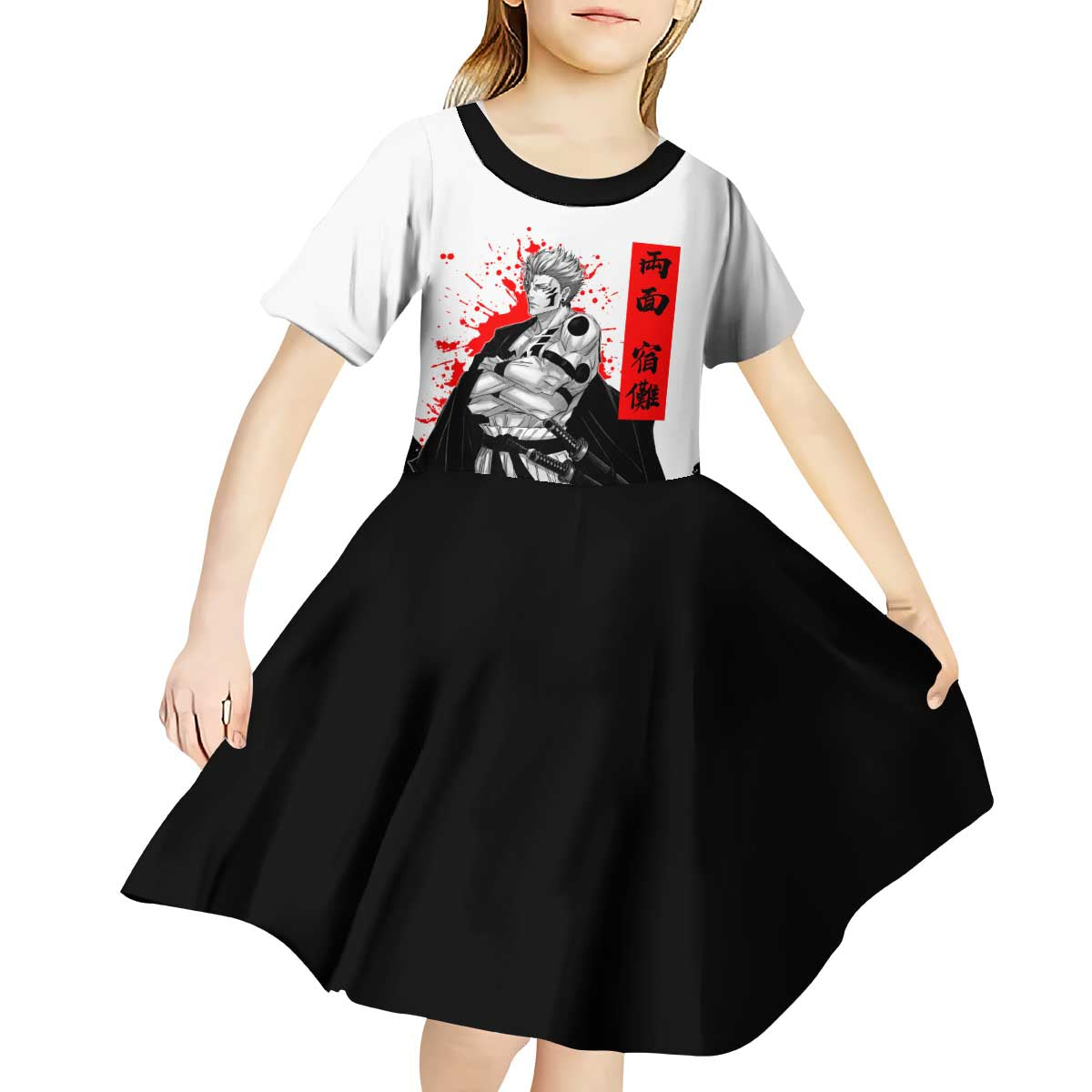 Sukuna Jujutsu Kaisen Samurai Aesthetic Kid Short Sleeve Dress with Katana, Red Kanji and Oni Mask Design - The Mazicc