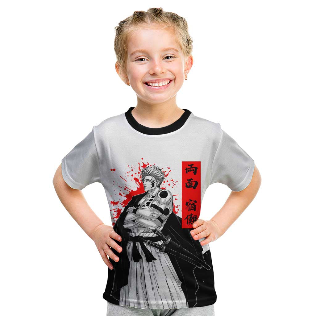 Sukuna Jujutsu Kaisen Samurai Aesthetic Kid T Shirt with Katana, Red Kanji and Oni Mask Design - The Mazicc
