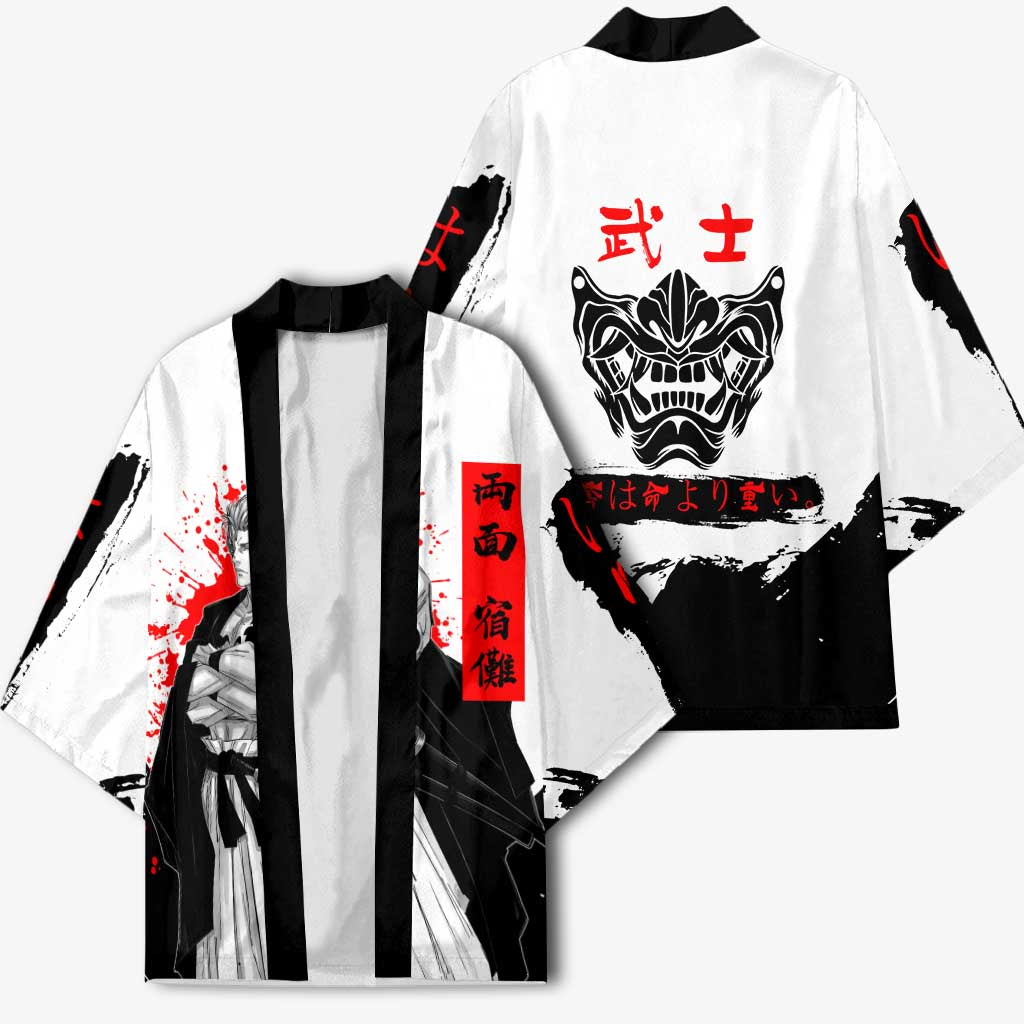 Sukuna Jujutsu Kaisen Samurai Aesthetic Kimono with Katana, Red Kanji and Oni Mask Design - The Mazicc