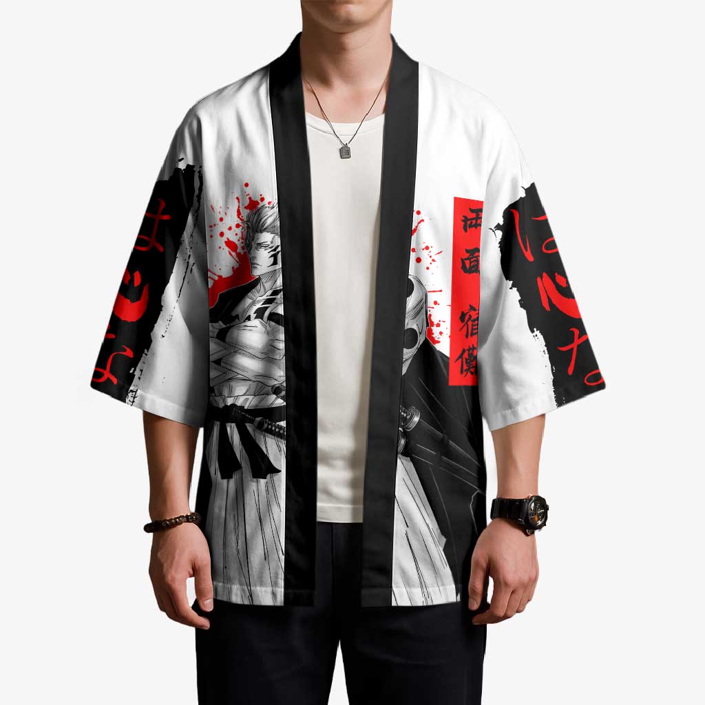 Sukuna Jujutsu Kaisen Samurai Aesthetic Kimono with Katana, Red Kanji and Oni Mask Design - The Mazicc