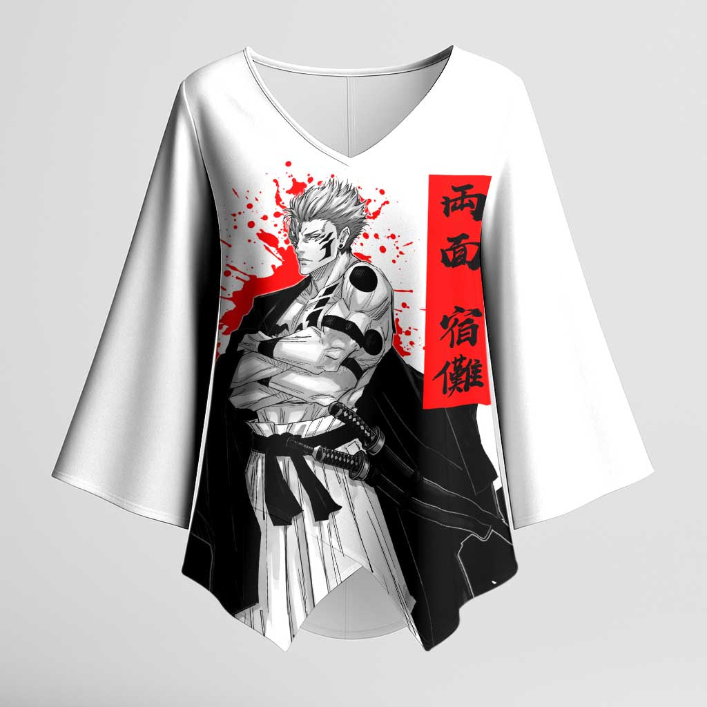 Sukuna Jujutsu Kaisen Samurai Aesthetic Kimono Sleeve Blouse with Katana, Red Kanji and Oni Mask Design - The Mazicc