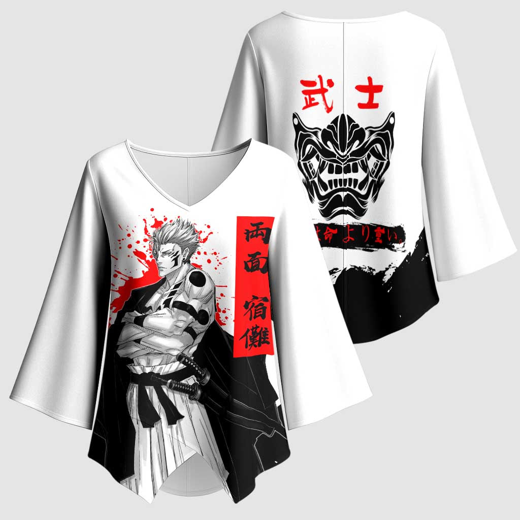 Sukuna Jujutsu Kaisen Samurai Aesthetic Kimono Sleeve Blouse with Katana, Red Kanji and Oni Mask Design - The Mazicc