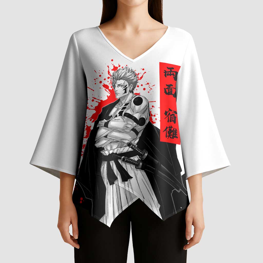 Sukuna Jujutsu Kaisen Samurai Aesthetic Kimono Sleeve Blouse with Katana, Red Kanji and Oni Mask Design - The Mazicc