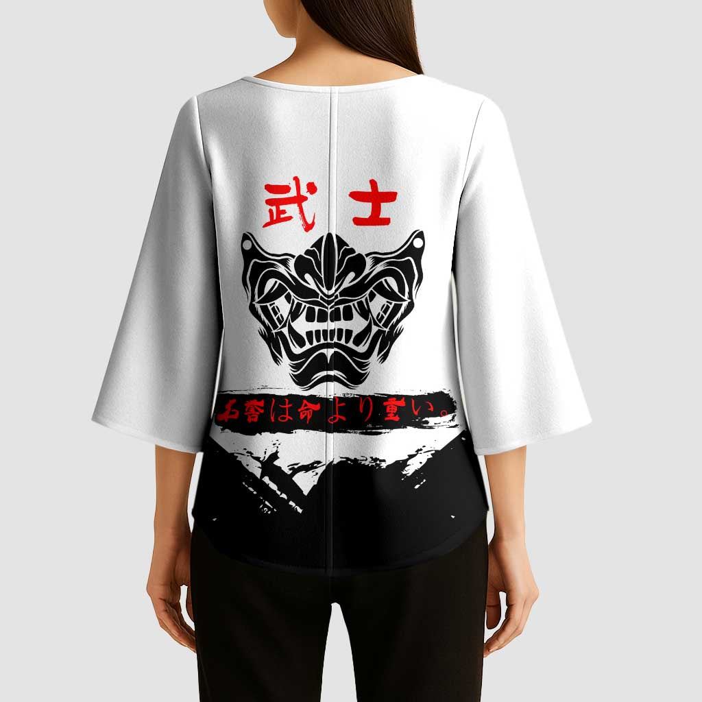 Sukuna Jujutsu Kaisen Samurai Aesthetic Kimono Sleeve Blouse with Katana, Red Kanji and Oni Mask Design - The Mazicc