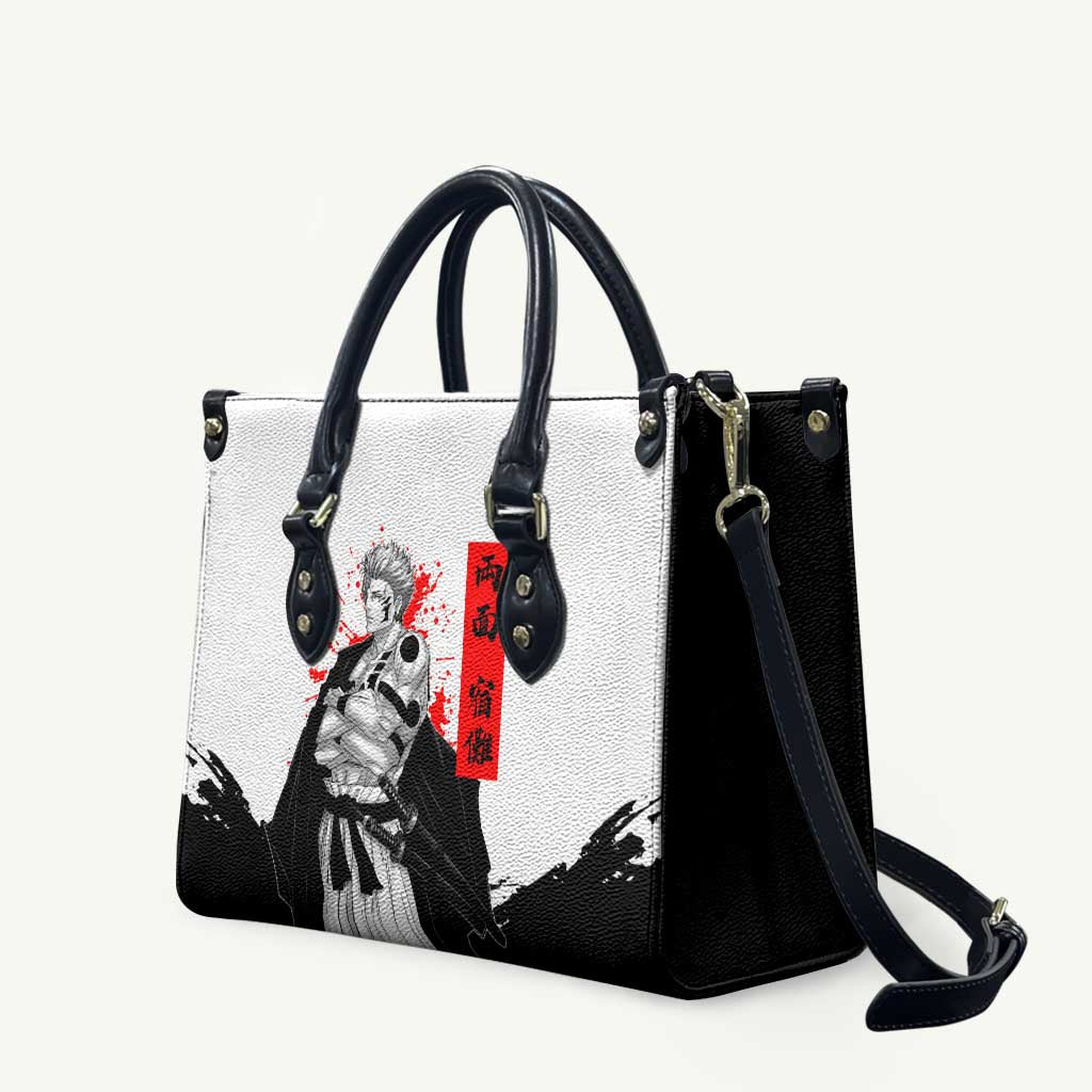 Sukuna Jujutsu Kaisen Samurai Aesthetic Leather Bag with Katana, Red Kanji and Oni Mask Design - The Mazicc