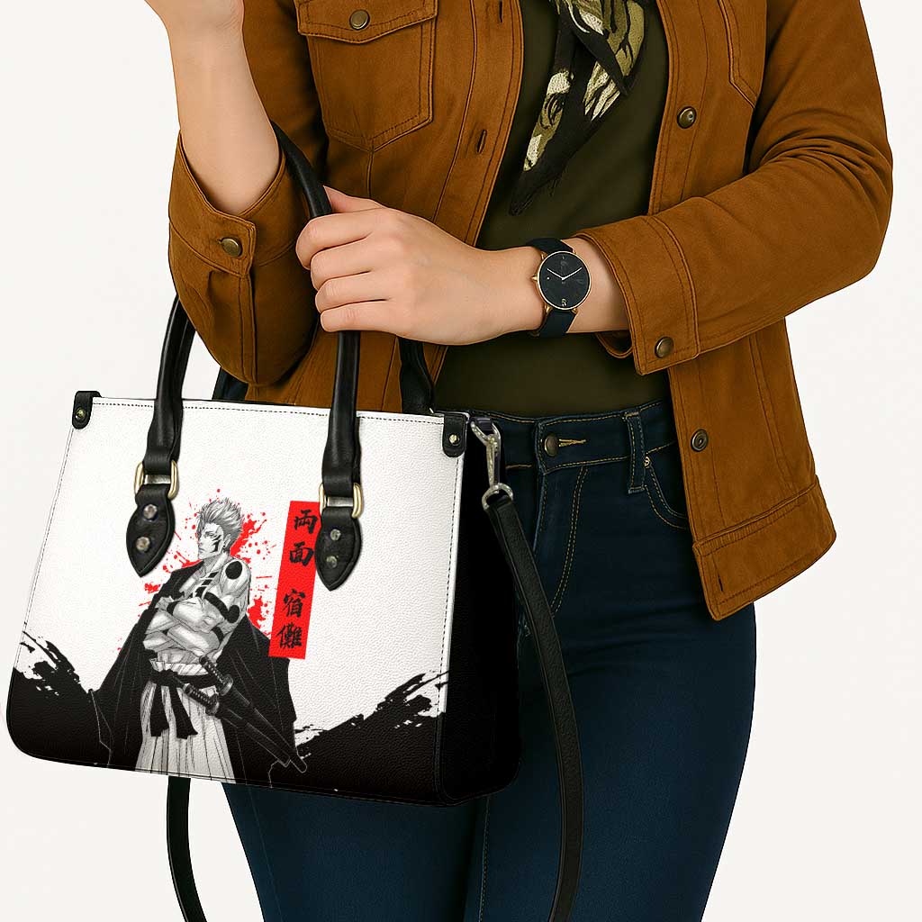 Sukuna Jujutsu Kaisen Samurai Aesthetic Leather Bag with Katana, Red Kanji and Oni Mask Design - The Mazicc