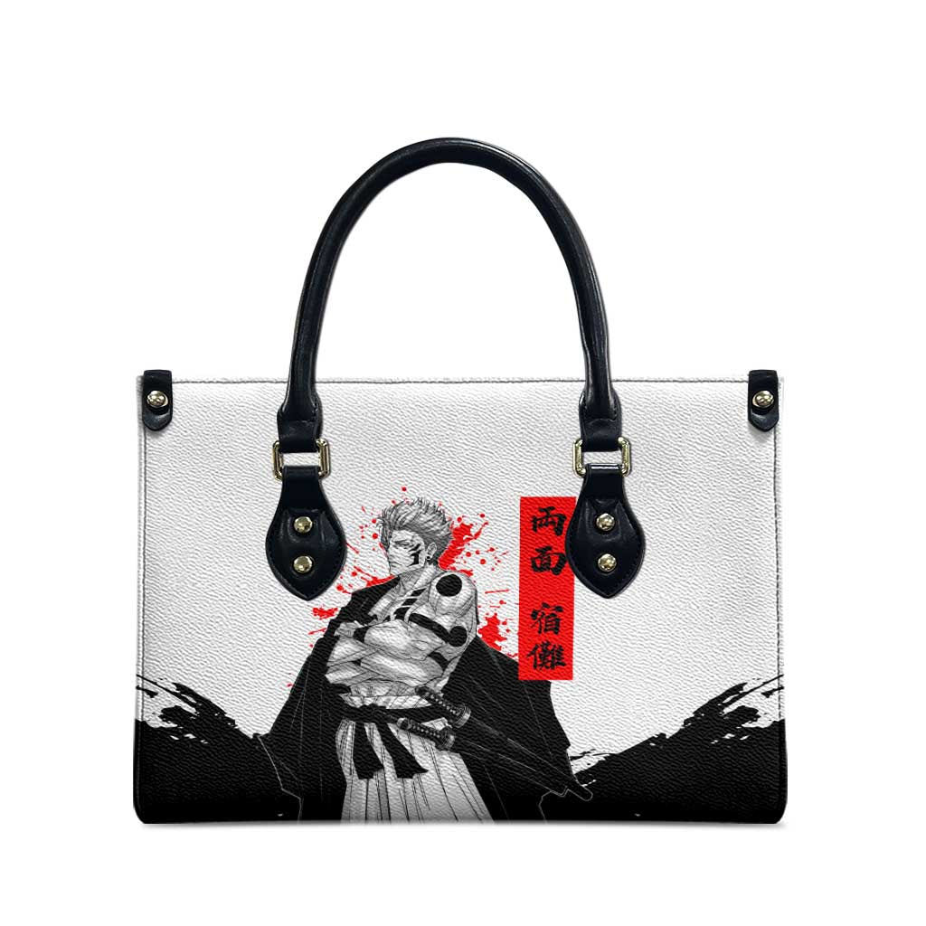 Sukuna Jujutsu Kaisen Samurai Aesthetic Leather Bag with Katana, Red Kanji and Oni Mask Design - The Mazicc