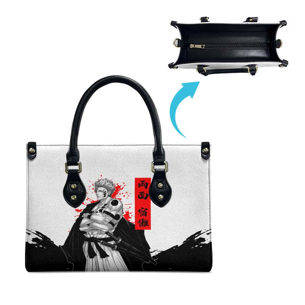 Sukuna Jujutsu Kaisen Samurai Aesthetic Leather Bag with Katana, Red Kanji and Oni Mask Design - The Mazicc