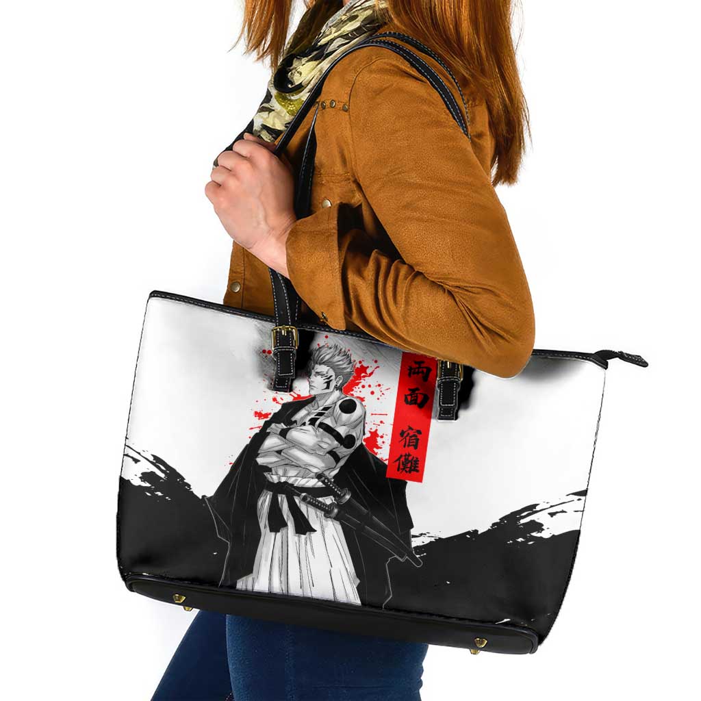 Sukuna Jujutsu Kaisen Samurai Aesthetic Leather Tote Bag with Katana, Red Kanji and Oni Mask Design - The Mazicc