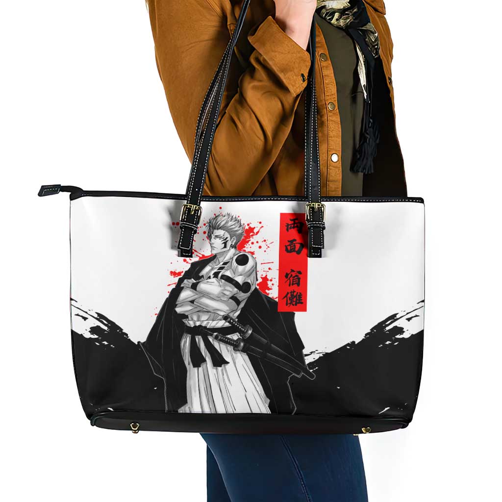 Sukuna Jujutsu Kaisen Samurai Aesthetic Leather Tote Bag with Katana, Red Kanji and Oni Mask Design - The Mazicc