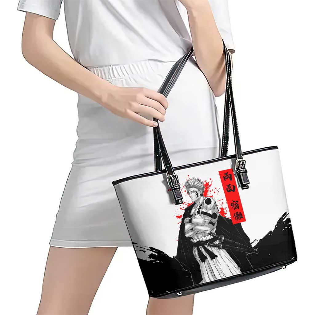 Sukuna Jujutsu Kaisen Samurai Aesthetic Leather Tote Bag with Katana, Red Kanji and Oni Mask Design - The Mazicc