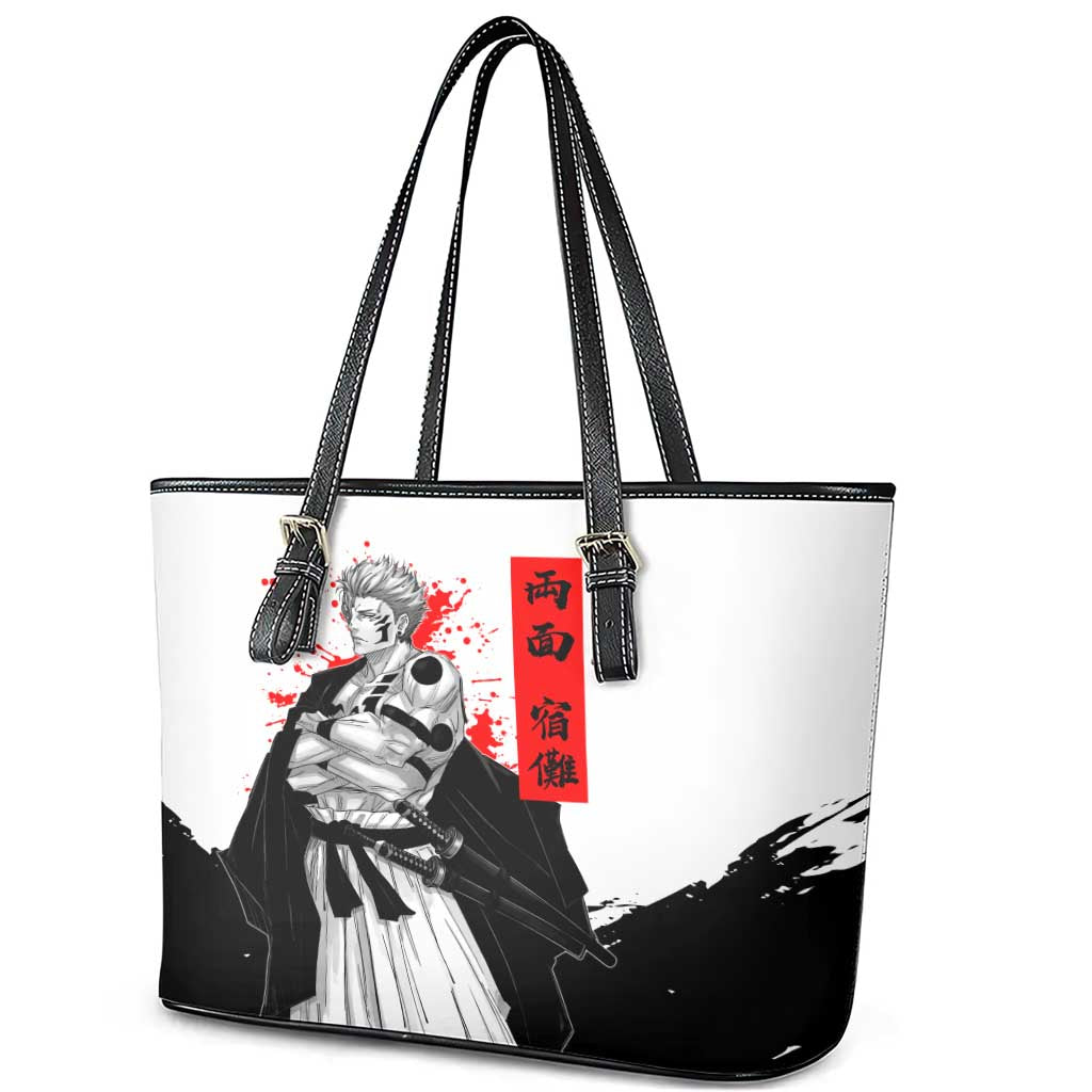 Sukuna Jujutsu Kaisen Samurai Aesthetic Leather Tote Bag with Katana, Red Kanji and Oni Mask Design - The Mazicc