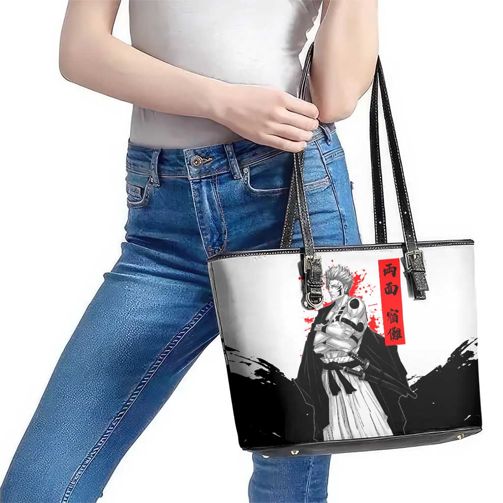 Sukuna Jujutsu Kaisen Samurai Aesthetic Leather Tote Bag with Katana, Red Kanji and Oni Mask Design - The Mazicc