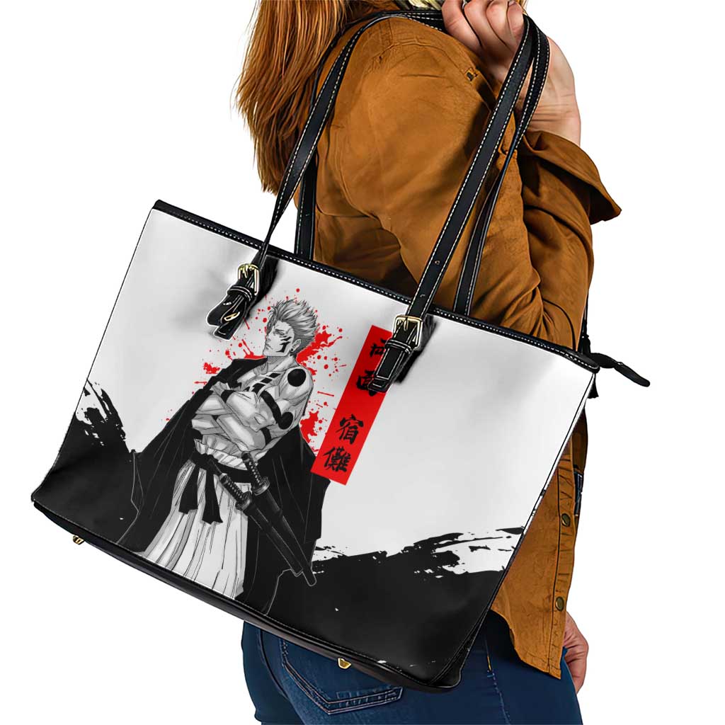 Sukuna Jujutsu Kaisen Samurai Aesthetic Leather Tote Bag with Katana, Red Kanji and Oni Mask Design - The Mazicc