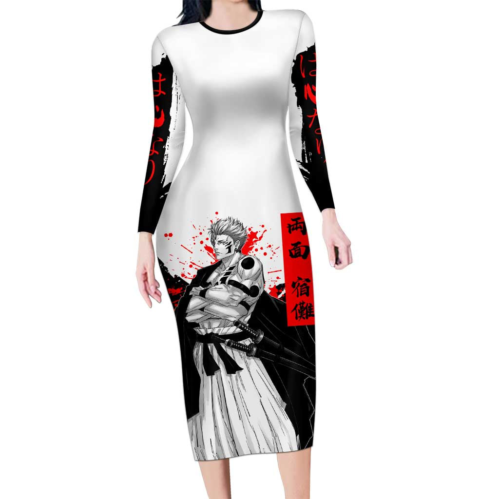 Sukuna Jujutsu Kaisen Samurai Aesthetic Long Sleeve Bodycon Dress with Katana, Red Kanji and Oni Mask Design - The Mazicc