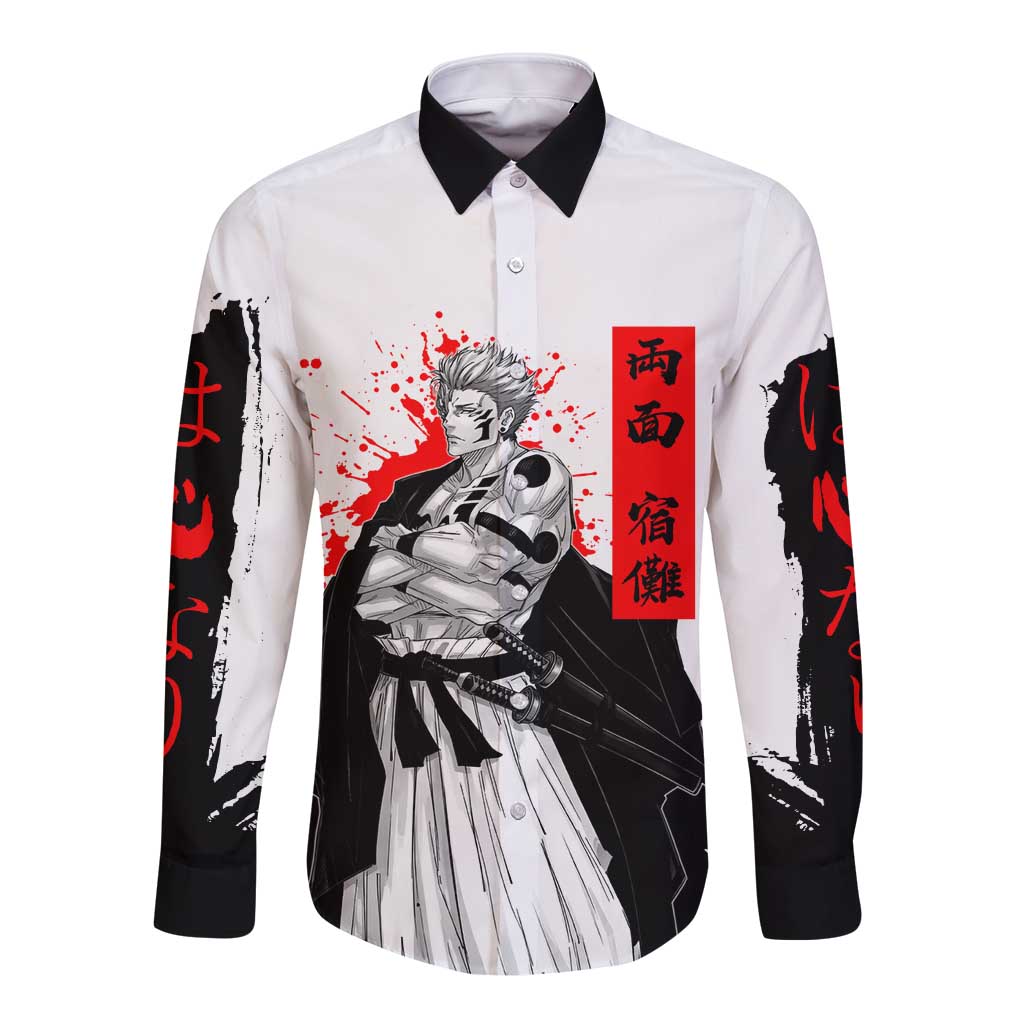 Sukuna Jujutsu Kaisen Samurai Aesthetic Long Sleeve Button Shirt with Katana, Red Kanji and Oni Mask Design - The Mazicc