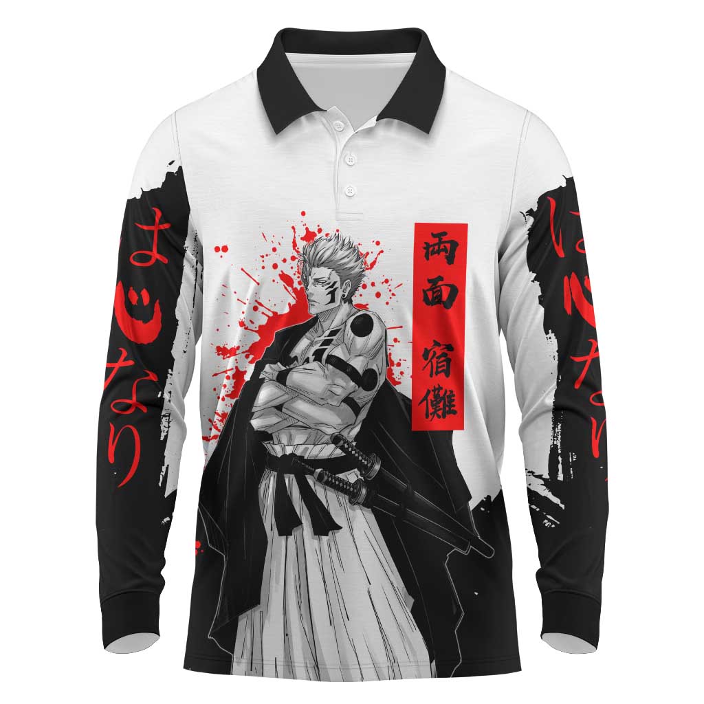 Sukuna Jujutsu Kaisen Samurai Aesthetic Long Sleeve Polo Shirt with Katana, Red Kanji and Oni Mask Design - The Mazicc