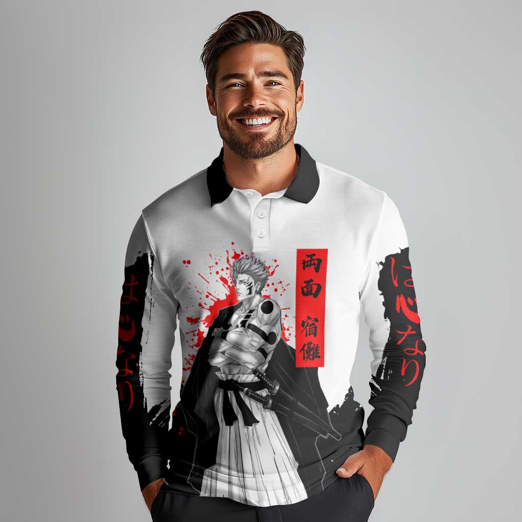 Sukuna Jujutsu Kaisen Samurai Aesthetic Long Sleeve Polo Shirt with Katana, Red Kanji and Oni Mask Design - The Mazicc
