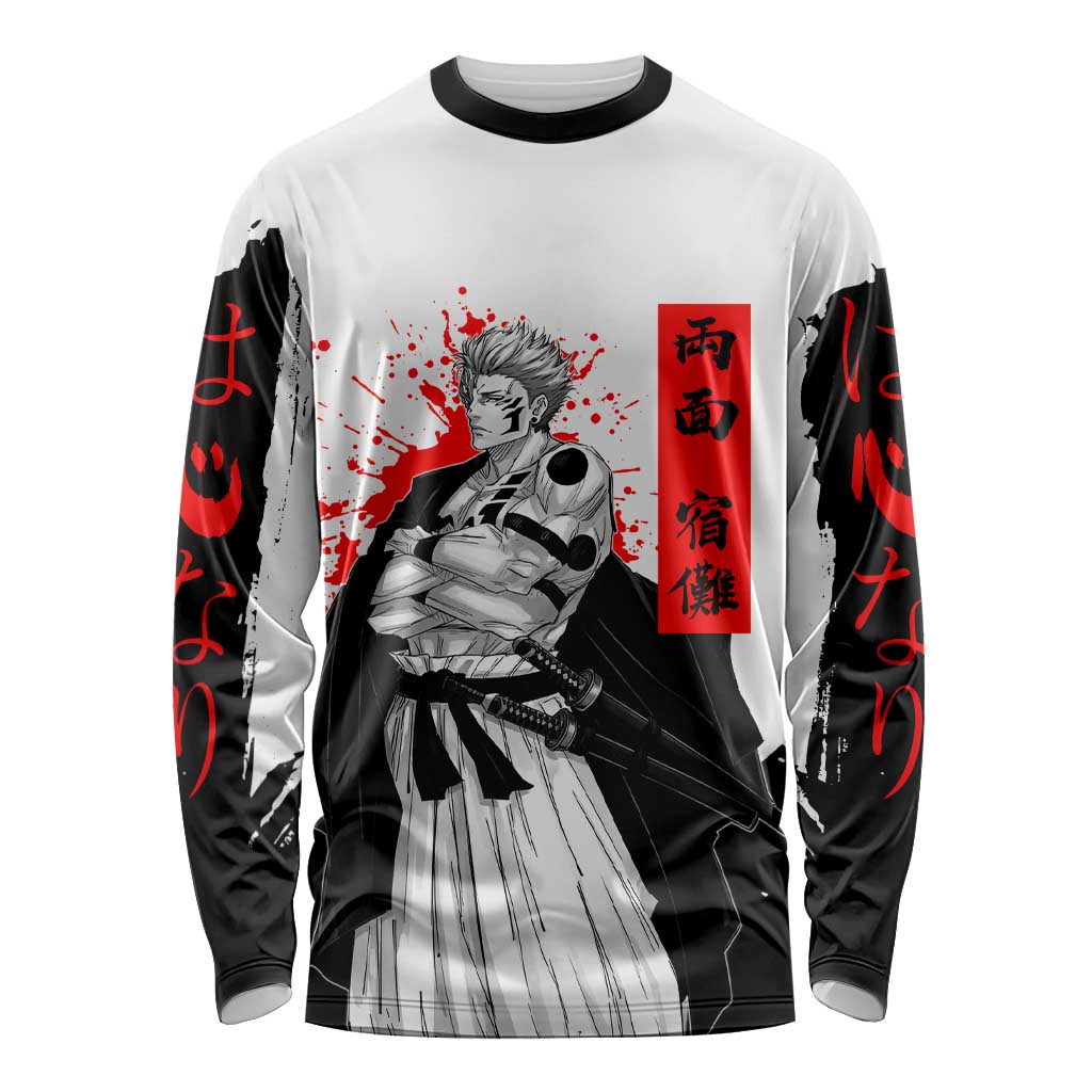 Sukuna Jujutsu Kaisen Samurai Aesthetic Long Sleeve Shirt with Katana, Red Kanji and Oni Mask Design - The Mazicc