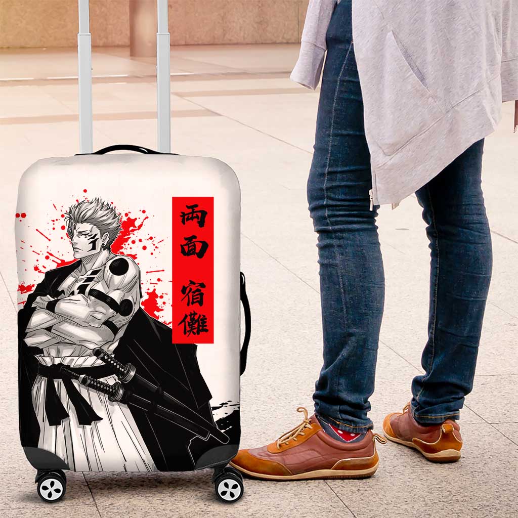 Sukuna Jujutsu Kaisen Samurai Aesthetic Luggage Cover with Katana, Red Kanji and Oni Mask Design - The Mazicc