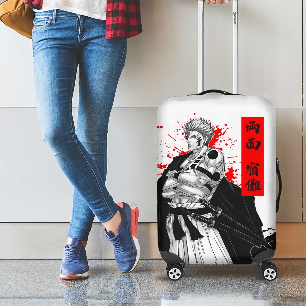 Sukuna Jujutsu Kaisen Samurai Aesthetic Luggage Cover with Katana, Red Kanji and Oni Mask Design - The Mazicc