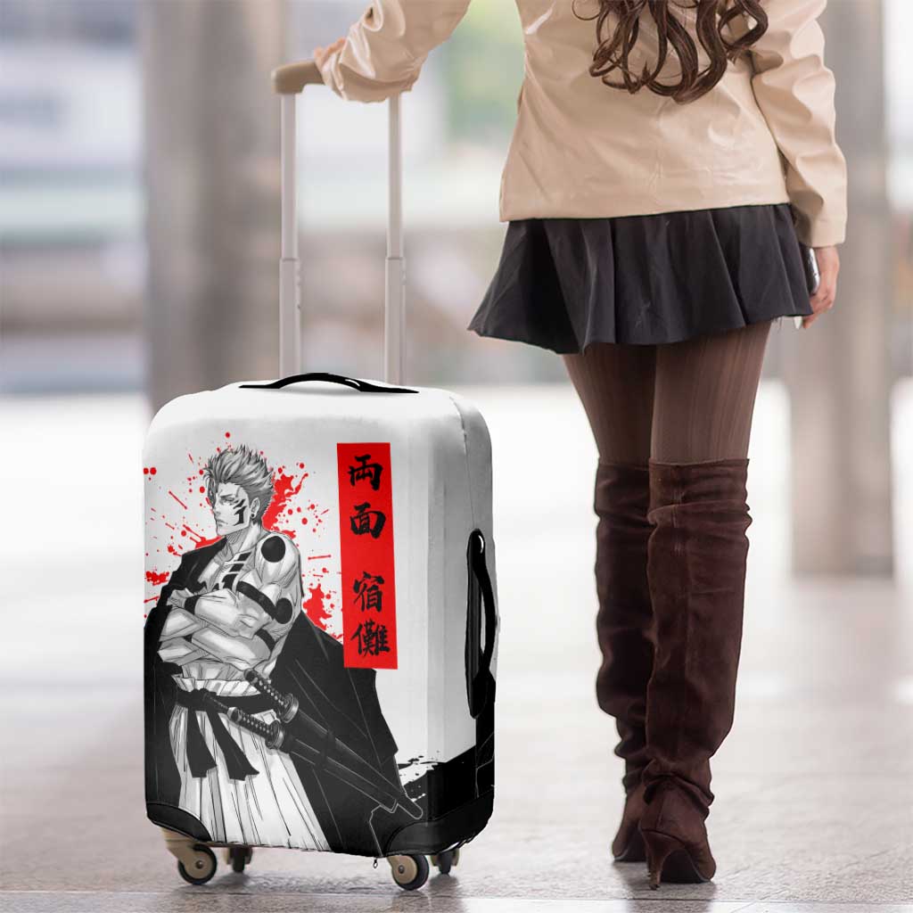 Sukuna Jujutsu Kaisen Samurai Aesthetic Luggage Cover with Katana, Red Kanji and Oni Mask Design - The Mazicc