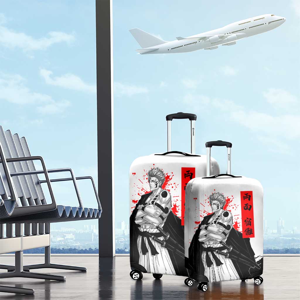 Sukuna Jujutsu Kaisen Samurai Aesthetic Luggage Cover with Katana, Red Kanji and Oni Mask Design - The Mazicc