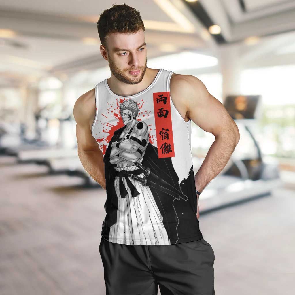 Sukuna Jujutsu Kaisen Samurai Aesthetic Men Tank Top with Katana, Red Kanji and Oni Mask Design - The Mazicc