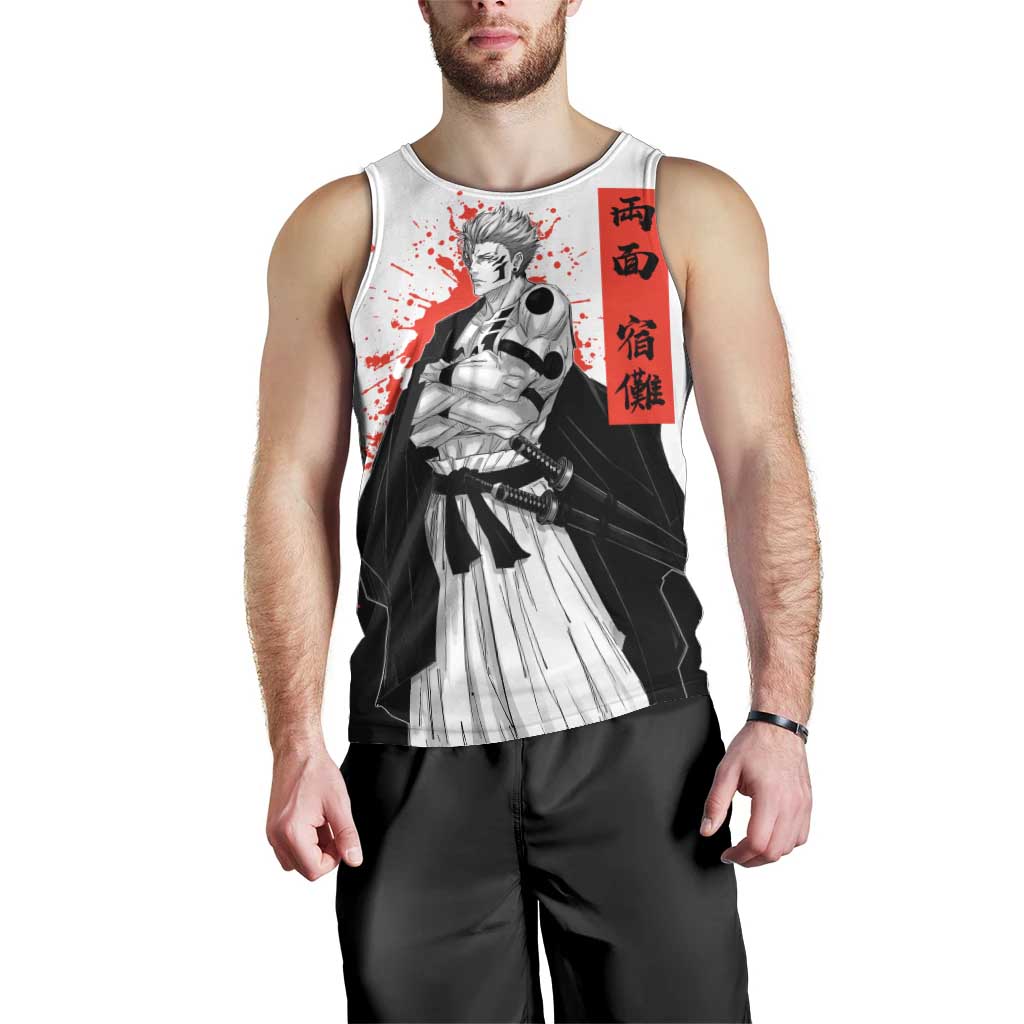 Sukuna Jujutsu Kaisen Samurai Aesthetic Men Tank Top with Katana, Red Kanji and Oni Mask Design - The Mazicc