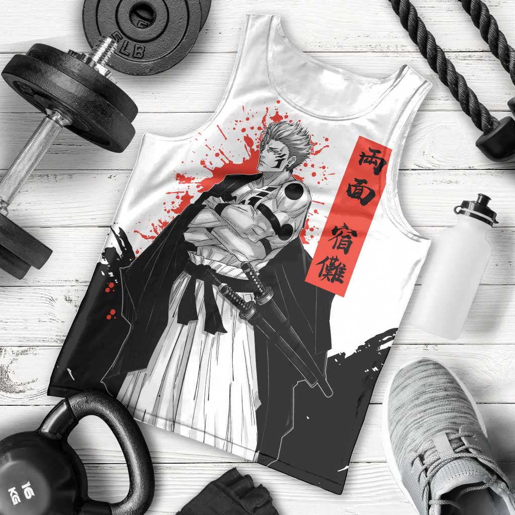 Sukuna Jujutsu Kaisen Samurai Aesthetic Men Tank Top with Katana, Red Kanji and Oni Mask Design - The Mazicc