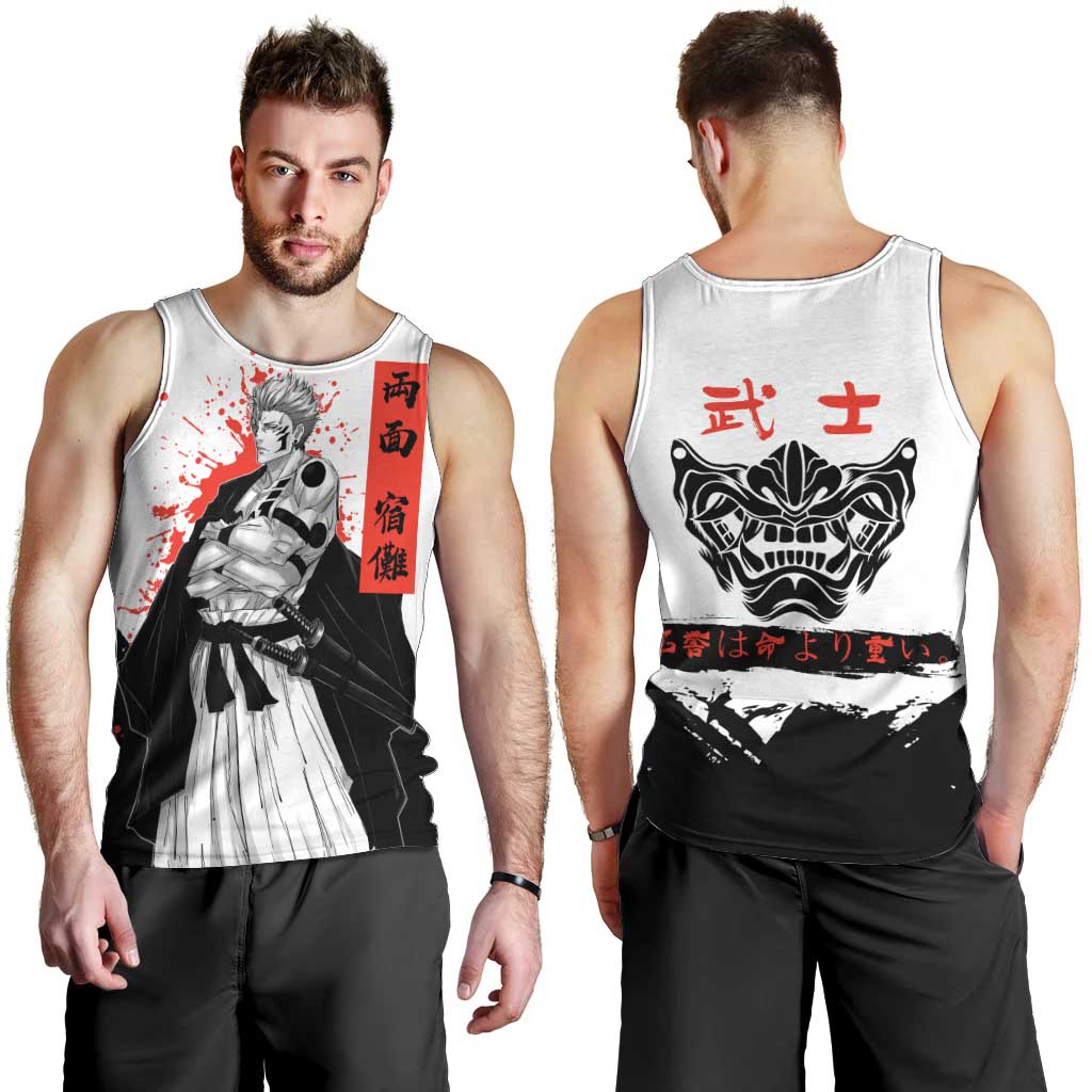 Sukuna Jujutsu Kaisen Samurai Aesthetic Men Tank Top with Katana, Red Kanji and Oni Mask Design - The Mazicc