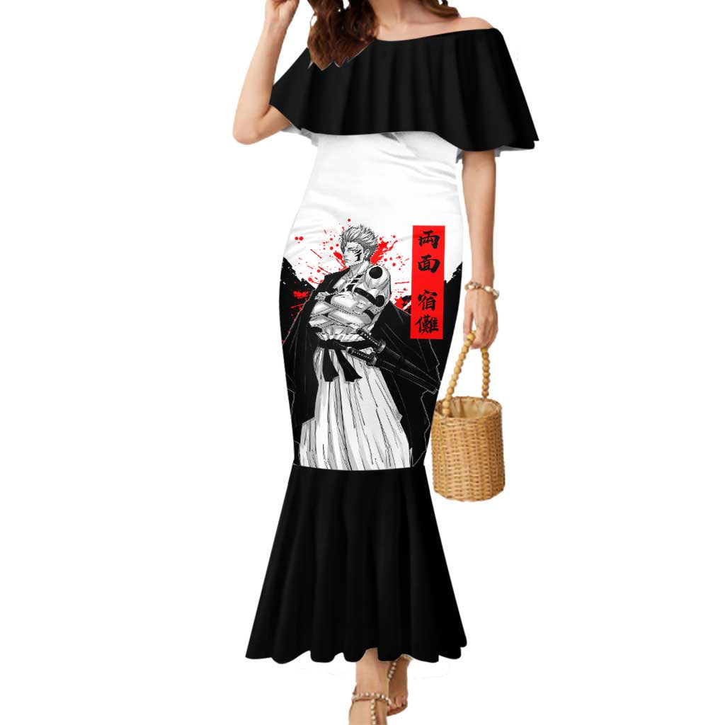 Sukuna Jujutsu Kaisen Samurai Aesthetic Mermaid Dress with Katana, Red Kanji and Oni Mask Design - The Mazicc