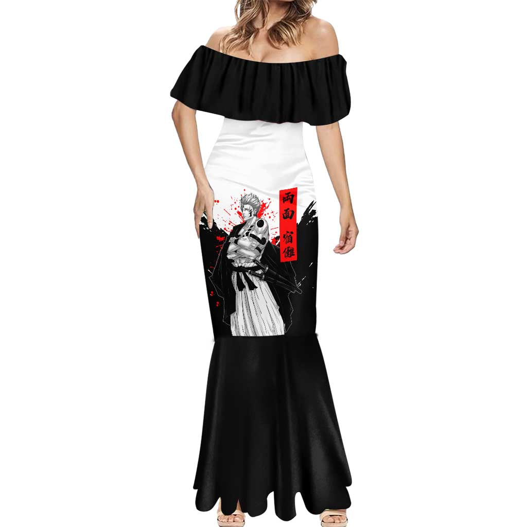 Sukuna Jujutsu Kaisen Samurai Aesthetic Mermaid Dress with Katana, Red Kanji and Oni Mask Design - The Mazicc